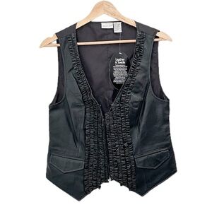 NWT VTG Newport News Leather Vest Vintage Black Ruffle — Size 8